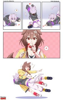 absurdres ahoge animal_ear_fluff animal_ears blush bone_hair_ornament brown_hair cat_ears cat_girl cat_tail comic dog_ears dog_girl hair_ornament highres hololive inugami_korone inugami_korone_(1st_costume) laser laser_pointer laser_pointer_projection long_hair lsketchu nekomata_okayu nekomata_okayu_(1st_costume) purple_eyes purple_hair tackled tail virtual_youtuber