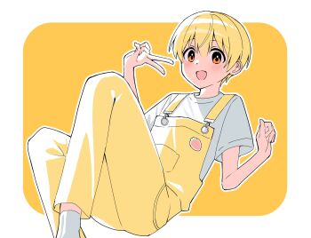 1boy blonde_hair blush border commentary hair_between_eyes hand_up highres kai_(shell) lying male_focus on_back orange_eyes overalls root_(stpri) shirt short_hair short_sleeves socks solo strawberry_prince symbol-only_commentary v white_border white_shirt white_socks yellow_overalls