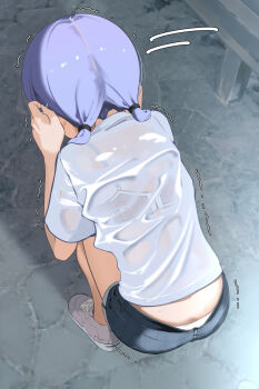 1girl absurdres arm_up blue_shorts blush bra bra_visible_through_clothes commentary_request covering_own_ears denim denim_shorts downpants facing_away from_behind hayakawa_sena_(pei_iriya) highres long_hair original outdoors paid_reward_available panties pei_iriya purple_hair scared see-through_clothes see-through_shirt shirt short_sleeves shorts solo squatting t-shirt twintails underwear wet wet_clothes wet_shirt white_bra white_panties