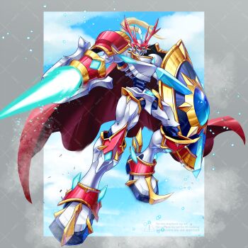 Rule 34 | armor, blue eyes, border, cape, commentary request, digimon, digimon (creature), dual wielding, dukemon, dukemon x-antibody, energy blade, full body, grey border, highres, holding, holding polearm, holding shield, holding weapon, lance, polearm, red cape, shield, watermark, weapon, white armor, yashima (yokon4039)