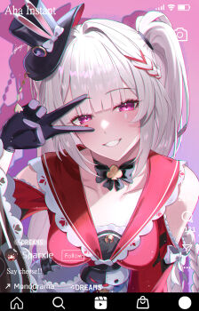 1girl absurdres animal_ears bow braid breasts butterfly-shaped_pupils chain choker clothing_cutout commentary dress english_text facial_mark gloves grin hat highres honkai:_star_rail honkai_(series) light_blush livestream medium_breasts miya-chan_(lightning0730) monocle pink_hair rabbit_ears red_streaks shoulder_cutout side_braid smile sparkle_(honkai:_star_rail) sparxie_(honkai:_star_rail) symbol-shaped_pupils twintails v white_hair