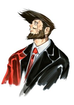 1boy beard black_suit brown_eyes brown_hair collared_shirt commentary_request cropped_torso facial_hair formal_clothes guilty_gear head_tilt highres male_focus monocle mustache necktie parted_lips raised_inner_eyebrows red_necktie shirt simple_background slayer_(guilty_gear) solo storyteller777 suit white_background white_shirt