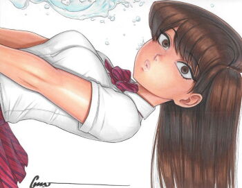 1girl artist_name bow bowtie breasts brown_eyes brown_hair collared_shirt komi-san_wa_komyushou_desu komi_shouko lips long_hair looking_at_viewer medium_breasts omar_dogan plaid_clothes plaid_skirt pleated_skirt red_bow red_bowtie red_skirt school_uniform shirt short_sleeves simple_background skirt striped_bow striped_bowtie striped_clothes striped_skirt third-party_source traditional_media water water_drop white_background white_shirt