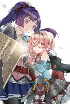 Rule 34 | 2girls, alternate costume, alternate hairstyle, arianna caledonia, armor, bare shoulders, black pantyhose, blue skirt, bow, breastplate, chloe de gervaise, class change, closed mouth, detached sleeves, etrian odyssey, gauntlets, glasses, high ponytail, long hair, multiple girls, open mouth, pantyhose, pauldrons, pink eyes, pink hair, plaid clothes, plaid skirt, ponytail, protecting, purple eyes, purple hair, red bow, sakuraso, sekaiju no meikyuu, shin sekaiju no meikyuu 2, shoulder armor, skirt, tiara, tower shield, translated