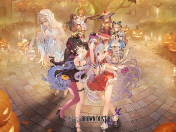 6+girls ahoge animal_ear_fluff apron arm_garter artist_request autumn_leaves black_bow black_gloves black_hair black_shoes black_skirt black_thighhighs blonde_hair blue_dress blue_pantyhose bow braid breasts brown_dust_(series) brown_dust_2 candle carrying character_request copyright_name copyright_notice cup dress ears_through_hood eyepatch fairy flat_chest food food-themed_hat frilled_skirt frills fruit ghost_costume gloves granhildr_(brown_dust) grey_eyes grey_hair hair_bow hair_ornament halloween head_wings high_heels highres holding holding_cup holding_saucer horns jack-o&#039;-lantern jack-o&#039;-lantern_hair_ornament large_breasts leaf long_hair multiple_girls official_art orange_hair pantyhose pink_eyes pink_horns pink_pantyhose pink_wings princess_carry purple_ribbon red_skirt ribbon rou_(brown_dust) saucer shoes single_leg_pantyhose skirt sonya_(brown_dust_2) strawberry striped_clothes striped_pantyhose suspender_skirt suspenders thigh_strap thighhighs tree white_apron white_pantyhose wings yellow_eyes