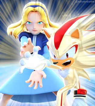 1boy 1girl 3d adverse56 animal_ears animal_nose artist_name blender_(medium) blonde_hair blue_dress blue_hairband body_fur bracelet dragon_ball dragonball_z dress father-son_kamehameha furry furry_male gloves green_eyes hairband hedgehog_boy highres inhibitor_rings jewelry kamehameha_(dragon_ball) long_hair long_sleeves maria_robotnik open_mouth red_eyes red_fur red_hair shadow_the_hedgehog short_tail sonic_(series) super_shadow tail two-tone_fur white_gloves yellow_fur