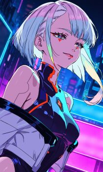1girl bare_shoulders black_leotard blue_eyes breasts cityscape closed_mouth commentary cropped_jacket cyberpunk cyberpunk:_edgerunners cyberpunk_(series) cyborg dutch_angle english_commentary eyeliner gt_(inesperados2013) high_collar highres jacket leotard long_hair looking_at_viewer lucy_(cyberpunk) makeup medium_breasts multicolored_eyes multicolored_hair off_shoulder open_clothes outdoors pink_hair rainbow_hair red_eyeliner red_lips solo upper_body white_hair white_jacket wuthering_waves