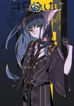 1girl animal_ears animal_nose bad_id bad_twitter_id blue_flower blue_hair cat_ears cat_girl clothing_cutout flat_chest flower furry furry_female gloves hair_ornament half_gloves highres idkuroi long_hair looking_at_viewer noire_kooshe orange_eyes original pawpads sash see-through_clothes see-through_gloves shoulder_cutout smile solo