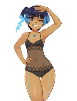 1girl ;) absurdres arm_up armpits bare_arms bare_legs bare_shoulders black_one-piece_swimsuit blue_hair blunt_bangs borrowed_clothes breasts brown_eyes chest_jewel collarbone commentary cosplay cowboy_shot dark_skin diamond_(shape) english_commentary fang gluteal_fold grin hand_on_own_hip highres morag_ladair_(obligatory_leave)_(xenoblade) morag_ladair_(xenoblade) morag_ladair_(xenoblade)_(cosplay) multicolored_hair navel one-piece_swimsuit one_eye_closed see-through_clothes see-through_one-piece_swimsuit sena_(xenoblade) side_ponytail simple_background small_breasts smile solo spaghetti_strap stomach swimsuit symbol-shaped_pupils teeth thigh_gap thighs two-tone_hair watcher_hollow white_background xenoblade_chronicles_(series)