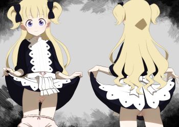 1girl absurdres anus ass blonde_hair bloomers bloomers_pull blue_eyes cleft_of_venus clothes_lift commentary_request commission dress dress_lift emilico_(shadows_house) fingernails gluteal_fold highres lifting_own_clothes loli long_hair multiple_views pes_30gb pixiv_commission pussy shadows_house smile underwear