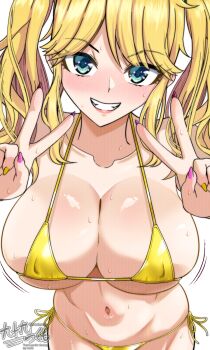 1girl bikini blonde_hair blush breasts brsuhandup cleavage commentary_request dolphin_wave embarrassed gold_bikini green_eyes gyaru highres izumi_kiri large_breasts long_hair looking_at_viewer open_mouth shiny_swimsuit sidelocks smile swimsuit triangle_bikini_top
