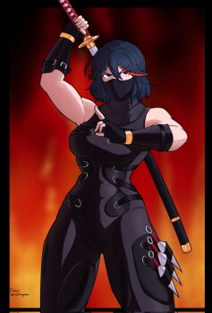 Rule 34 | black bodysuit, black gloves, black scarf, bodysuit, cosplay, daigo (daistrangelove), gloves, highres, holding, holding sword, holding weapon, kill la kill, kunai, mask, matoi ryuuko, mouth mask, ninja, ninja gaiden, ninja mask, ryu hayabusa, ryu hayabusa (cosplay), scarf, sleeveless, sword, toned, toned female, weapon