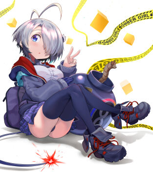 Rule 34 | 1girl, :o, absurdres, ahoge, armband, asymmetrical gloves, backpack, bag, black boots, black bow, black panties, blue eyes, blush, blush stickers, bomb, bombergirl, bomberman, boots, bow, bowtie, breasts, caution tape, character hair ornament, closed mouth, collared shirt, commentary request, cube, double v, explosive, fuse, gloves, gray (bombergirl), grey hair, grey hoodie, hair ornament, hair over one eye, helmet, highres, hood, hoodie, large breasts, lit fuse, looking at viewer, max (bomberman), medium hair, open mouth, panties, pantyshot, plaid clothes, plaid skirt, purple skirt, sharekoube, shirt, shoelaces, simple background, sitting, skirt, smile, solo, speech bubble, tail, thighhighs, thighs, thought bubble, underwear, uneven gloves, v, white background, white shirt, zettai ryouiki