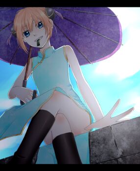 blue_eyes china_dress chinese_clothes commentary_request dress from_below gintama kagura_(gintama) red_hair siten_mame solo thighs umbrella