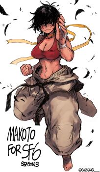1girl abs bandage_on_face bandage_on_nose bandaged_foot bandaged_hand bandages barefoot belt black_belt black_eyes black_hair breasts cleavage clenched_hand closed_mouth feathers feet fighting_stance full_body ginseng_(xin) highres large_breasts looking_at_viewer makoto_(street_fighter) martial_arts martial_arts_belt medium_hair muscular muscular_female narrow_waist red_sports_bra scarf simple_background sports_bra standing standing_on_one_leg street_fighter street_fighter_iii_(series) toes tomboy white_background yellow_scarf