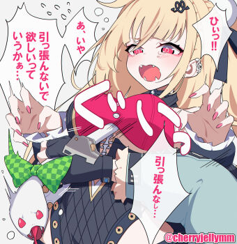 Rule 34 | 2girls, animal, black gloves, blonde hair, breasts, cissia (zenless zone zero), commentary request, earrings, facing viewer, fangs, fingerless gloves, flying sweatdrops, gloves, grey background, highres, holding, holding animal, jane doe (zenless zone zero), jewelry, long sleeves, miri (cherryjelly), multiple girls, out of frame, pink nails, pulling, red eyes, simple background, snake, snake earrings, solo focus, translation request, twitter username, underboob, zenless zone zero