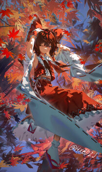 absurdres autumn_leaves bow brown_hair closed_mouth commentary detached_sleeves falling_leaves frilled_bow frilled_hair_tubes frilled_skirt frills hair_bow hair_tubes hakurei_reimu highres hxbdzj leaf long_hair looking_at_viewer one_eye_closed red_bow red_eyes red_sandals red_skirt ribbon-trimmed_sleeves ribbon_trim sandals skirt skirt_set socks touhou twitter_username white_socks