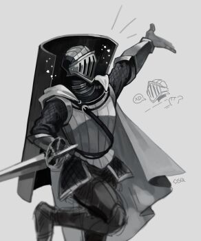 &gt;_&lt; 1boy :d arm_up armor breastplate cape chainmail commentary dark_souls_(series) dark_souls_ii english_commentary foot_out_of_frame full_armor greyscale helmet highres holding holding_polearm holding_weapon knight lance maldron_the_assassin male_focus monochrome niko_(seaquestions) open_mouth pants polearm shield shield_on_back simple_background smile solo weapon xd