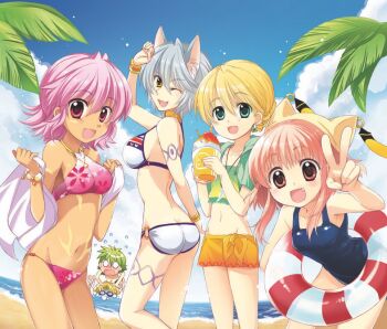 .hack// .hack//tasogare_no_udewa_densetsu 2boys 4girls :d ;d animal_ears asphyxiation ass beach bikini blonde_hair blue_eyes body_markings bracelet breasts butt_crack character_request cloud cowboy_shot dark-skinned_female dark_skin day drowning earrings fang floral_print flower food fox_ears goggles grey_hair groin hair_flower hair_ornament halterneck hibiscus holding holding_towel hotaru_(.hack//) innertube izumi_rei jewelry kunisaki_rena large_breasts looking_at_viewer medium_breasts midriff mireille_(.hack//) multiple_boys multiple_girls navel o-ring o-ring_bottom o_o ocean official_art one-piece_swimsuit one_eye_closed open_mouth ouka_(.hack//) outdoors pendant pink_eyes pink_hair school_swimsuit shaved_ice short_hair sky smile standing striped_bikini striped_clothes swim_ring swimsuit towel v water white_bikini x_navel yellow_eyes