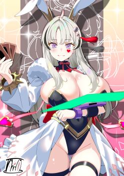 1girl absurdres ahoge animal_ears artist_logo black_hair black_leotard black_streaks blush bow bracelet breasts card character_request cleavage commentary_request commission cosplay covered_navel duel_disk ears_down facial_mark fur_sleeves gold_bracelet gold_trim gradient_background groin hair_ornament hand_up heart heart_facial_mark highleg highleg_leotard highres holding holding_card hologram indie_virtual_youtuber jewelry large_breasts leotard letter light_particles logo long_hair long_sleeves looking_at_viewer maliss_<p>_white_rabbit maliss_<p>_white_rabbit_(cosplay) multicolored_hair neck_ribbon parted_lips pink_background rabbit_ears red_bow red_ribbon ribbon showgirl_skirt sidelocks skeb_commission smile solo spiked_bracelet spikes strapless strapless_leotard streaked_hair tama_amata tassel tassel_hair_ornament thigh_strap thighs very_long_hair virtual_youtuber yellow_background yu-gi-oh!