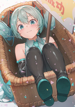 Rule 34 | 1girl, amayomiyu, aqua eyes, aqua hair, aqua necktie, bare shoulders, basket, black boots, black sleeves, blush, boots, commentary, detached sleeves, from above, grey shirt, hair between eyes, hair intakes, hair ornament, hatsune miku, holding, holding sign, in basket, in container, long hair, looking at viewer, necktie, shiny clothes, shirt, shoe soles, shoulder tattoo, sign, sleeveless, sleeveless shirt, smile, solo, split mouth, tattoo, thigh boots, triangle, twintails, twitter username, very long hair, vocaloid, white background, wicker basket