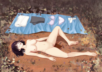 1girl black_eyes black_hair bra breasts death dpanda empty_eyes lying medium_breasts nude outdoors panties peeing short_hair underwear