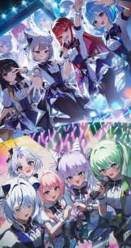 6+girls @_@ absurdres ahoge akane_lize animal_ears aokumo_rin aqua_eyes arahashi_tabi arm_up ayatsuno_yuni black_hair black_pantyhose blue_bow blue_bowtie blue_eyes blue_hair blush bow bowtie center-flap_bangs center_frills closed_mouth collared_dress commentary concert double-parted_bangs dress dress_bow earclip everyone fang foot_up forehead frilled_dress frilled_wristband frills green_eyes green_hair grey_eyes grey_hair hair_between_eyes hair_bow hair_intakes hair_ornament hairclip hanako_nana hand_up heart heart_hair_ornament heart_hands heart_hands_duo heterochromia highres holding holding_microphone horns long_bangs long_hair matching_outfits medium_hair microphone multicolored_bow multicolored_dress multicolored_eyes multicolored_hair multiple_girls multiple_views neneko_mashiro nose_blush one_eye_closed open_mouth outstretched_arm pantyhose parallel_hairclips parted_bangs pink_hair purple_eyes purple_hair raised_inner_eyebrows reaching reaching_towards_viewer red_eyes screen shirayuki_hina short_dress short_hair short_sleeves shuvi_(shuvi1125) single_horn smile split_mouth stage_lights standing stellive streaked_hair swept_bangs tenko_shibuki thigh_strap tongue tongue_out two-tone_eyes unicorn_horn v v_over_eye virtual_youtuber wing_collar yellow_eyes yuzuha_riko