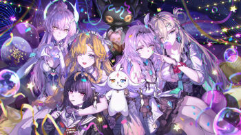 5girls abby_(wuthering_waves) absurdres aemeath_(wuthering_waves) air_bubble black_hair blonde_hair blowing_bubble_gum blue_eyes breasts bubble chewing_gum chisa_(wuthering_waves) chromatic_aberration denia_(wuthering_waves) dress earrings eating elbow_gloves food food_in_mouth geez gloves hair_ornament heart heart_hands heavy_chromatic_aberration highres id_card jewelry long_hair looking_at_viewer lynae_(wuthering_waves) medium_breasts multiple_girls one_eye_closed open_mouth orange_hair parted_lips pink_hair pocky pocky_in_mouth ponytail red_eyes sailor_collar sigrika_(wuthering_waves) smile star_(symbol) star_earrings stuffed_animal stuffed_cat stuffed_toy veil white_dress white_gloves white_sailor_collar white_veil wuthering_waves