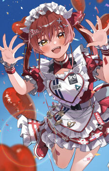 1girl :d absurdres apron arrow_through_heart balloon bandaid_on_thigh barcode belly_chain blue_sky blurry blurry_foreground blush breasts commentary_request depth_of_field fangs frilled_apron frilled_sleeves frilled_wrist_cuffs frills hair_ornament hair_ribbon hairband hairclip hands_up haru_yu heart heart_apron heart_balloon heart_hair_ornament heterochromia highres hololive houshou_marine jersey_maid jewelry lolita_hairband long_hair looking_at_viewer loose_socks maid maid_apron maid_headdress medium_breasts official_alternate_costume open_hands open_mouth puffy_short_sleeves puffy_sleeves red_eyes red_hair red_ribbon red_shoes red_wrist_cuffs ribbon shoes short_sleeves sky smile sneakers socks solo twintails unconventional_maid virtual_youtuber white_apron white_socks winged_heart winged_heart_heart_hair_ornament wrist_cuffs x_hair_ornament yellow_eyes