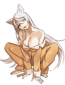 1girl animal_ears animal_print bakemonogatari bakeneko barefoot black_hanekawa breasts cat_ears cat_girl cat_print cleavage fang hanekawa_tsubasa highres inui_(tjb_e0) large_breasts long_hair looking_at_viewer monogatari_(series) open_mouth orange_pajamas pajamas print_pajamas smile solo very_long_hair white_hair yellow_eyes