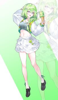 1girl :d absurdres aqua_ribbon black_shoes braid breasts chico_(yuzuha_riko) clover commentary_request crop_top cropped_jacket cropped_shirt food food_on_face footwear_ribbon four-leaf_clover full_body green_hair grey_shirt hair_ornament hair_over_shoulder hairclip hands_up highres holding holding_ice_cream_cone ice_cream_cone jacket korean_commentary layered_skirt loafers long_hair long_sleeves looking_at_viewer midriff miniskirt navel open_clothes open_jacket open_mouth parallel_hairclips pina_art ribbon shirt shoes skirt smile socks solo standing stellive two-tone_background virtual_youtuber white_jacket white_skirt white_socks yuzuha_riko zoom_layer