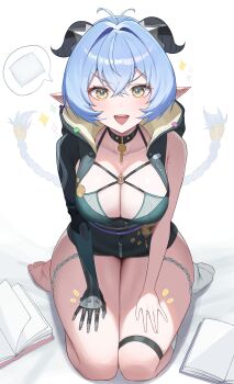 1girl absurdres accessories animal_ears black_horns black_unitard blue_eyes blue_hair blush book bra braid breasts choker cleavage collarbone commentary_request full_body goat_ears goat_girl goat_horns green_bra hair_between_eyes hair_intakes hands_on_own_legs highres hood horizontal_pupils horns key key_choker knee_strap lap_pillow_invitation large_breasts long_hair looking_at_viewer lucia_elowen medallion mole mole_on_arm multicolored_eyes no_shoes open_mouth pillow pointy_ears seiza single_bare_foot single_bare_shoulder single_sleeve single_sock sitting socks solo sparkle speech_bubble spoken_object triangle_mouth twin_braids underwear unnunal_(unneonal) v-shaped_eyebrows white_background white_socks yellow_eyes zenless_zone_zero