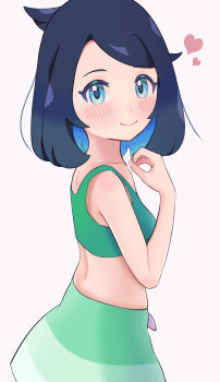 Rule 34 | 1girl, absurdres, black hair, blue eyes, blush, closed mouth, commentary request, cowlick, from side, hand up, heart, highres, liko (pokemon), looking to the side, medium hair, melili, nintendo, pokemon, pokemon (anime), pokemon horizons, smile, solo, swept bangs, swimsuit