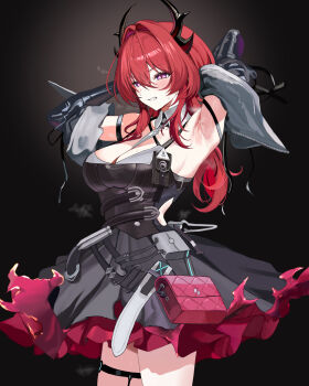 1girl arknights arknights:_endfield armpits arms_behind_back badbluebaby black_dress commentary_request detached_collar dragon_horns dress frown highres horns laevatain_(arknights) off_shoulder purple_eyes red_hair solo steaming_body surtr_(arknights) sweat