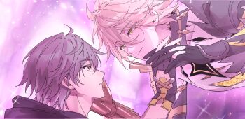 2boys ahoge black_gloves blonde_hair bracer caelus_(honkai:_star_rail) chinese_commentary closed_mouth cracked_skin derivative_work double-parted_bangs eye_contact face-to-face fingerless_gloves floating gauntlets gloves gold_blood grey_hair hair_between_eyes hand_on_another's_face highres holding_hands honkai:_star_rail honkai_(series) hood hood_down interlocked_fingers kyo_uuuka light_particles light_smile long_bangs looking_at_another male_focus midair multiple_boys narrowed_eyes phainon_(honkai:_star_rail) phainon_(khaslana)_(honkai:_star_rail) pink_background scene_reference short_hair sparkle sparkle_background trailblazer_(honkai:_star_rail) very_short_hair yaoi yellow_eyes