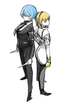 Rule 34 | 2girls, absurdres, back-to-back, black jacket, black pants, blue hair, collared shirt, dagger, full body, gloves, hashtag-only commentary, helseujang, highres, holding, holding dagger, holding knife, holding weapon, id card, jacket, knife, lapels, lcb uniform (project moon), library of ruina, limbus company, looking at viewer, multiple girls, necktie, notched lapels, pants, project moon, red necktie, shirt, short hair, tiphereth a (project moon), weapon, white shirt, yellow gloves