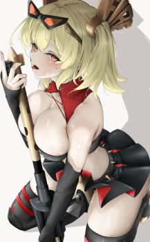 Rule 34 | 1girl, black skirt, blonde hair, blush, breasts, burnice white, eyewear on head, flamethrower, furrowed brow, hair between eyes, highres, holding, holding flamethrower, holding weapon, large breasts, long hair, looking at viewer, mait, red-tinted eyewear, red eyes, sidelocks, skirt, solo, sunglasses, tinted eyewear, tongue, tongue out, weapon, zenless zone zero