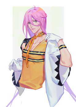 1boy border braid closed_mouth commentary_request gloves green_eyes hachisuka_kotetsu hair_between_eyes long_hair looking_at_viewer male_focus ncww_rinichi orange_ribbon pink_hair ribbon shirt solo touken_ranbu white_border white_gloves wide_sleeves yellow_shirt
