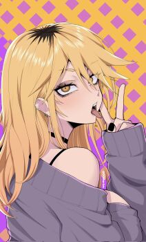 Rule 34 | 1girl, argyle background, black choker, black eyeshadow, black hair, black nails, blonde hair, choker, commentary, ear piercing, earclip, english commentary, eyelashes, eyes visible through hair, eyeshadow, grey sweater, hair between eyes, hair over one eye, hand up, highres, kikyou seri, long hair, long sleeves, looking at viewer, looking back, makeup, multicolored hair, nose, oomartm, open mouth, piercing, purple background, roots (hair), single bare shoulder, sleeves past wrists, solo, sweater, teeth, tongue, tongue out, twitter username, two-tone background, two-tone hair, upper body, upper teeth only, v, yellow background, yellow eyes, yofukashi no uta
