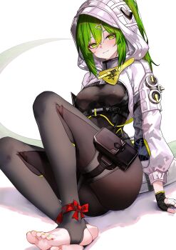 1girl absurdres ankle_bow ankle_ribbon arknights arknights:_endfield ass black_bodysuit bodysuit bow breasts closed_mouth commentary feet fingerless_gloves fluorite_(arknights) gloves green_eyes green_hair green_nails green_tail hair_through_hood highres holster hood hood_up hooded_shrug leg_ribbon long_hair looking_at_viewer medium_breasts ponytail ribbon shrug_(clothing) simple_background smile snake_girl snake_tail solo stirrup_legwear tail thigh_holster toeless_legwear user_xapf3744 white_background white_shrug