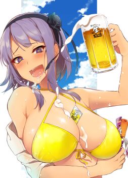 Rule 34 | 10s, 1girl, :d, alcohol, beer, beer mug, between breasts, bikini, blouse, blush, breasts, criss-cross halter, cup, dagashi kashi, drunk, female focus, flower, food, front-tie bikini top, front-tie top, hair flower, hair ornament, hair ribbon, hairband, halterneck, heart, heart-shaped pupils, heart in eye, huge breasts, mug, off shoulder, open mouth, pochi (pochi-goya), purple eyes, purple hair, raised eyebrows, ribbon, see-through clothes, sexually suggestive, shidare hotaru, shirt, short hair, short hair with long locks, smile, solo, suggestive fluid, swimsuit, symbol-shaped pupils, symbol in eye, umaibou, white shirt