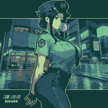 Rule 34 | 1girl, arms behind back, artist name, black hair, blowing bubble gum, blue eyes, blue shirt, breasts, building, chewing gum, commentary request, fingerless gloves, folded hair, gloves, grate, hat, high-waist pants, highres, large breasts, necktie, original, outdoors, pants, peaked cap, pixel art, police, police badge, police hat, police uniform, policewoman, road, sewer grate, shirt, shirt tucked in, short sleeves, sidelocks, solo, specialhanako, storefront, street, tight clothes, tight pants