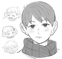 Rule 34 | 1boy, chilchuck tims, closed mouth, dungeon meshi, greyscale, highres, looking at viewer, male focus, monochrome, multiple views, neck warmer, nemnem 11199, portrait, short hair, simple background, very short hair, white background