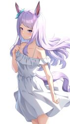 Rule 34 | 1girl, absurdres, alternate costume, animal ears, blush, breasts, closed mouth, collarbone, commentary request, dress, hair ornament, highres, horse girl, horse tail, long hair, looking at viewer, mejiro mcqueen (umamusume), purple eyes, purple hair, simple background, small breasts, solo, sunny (20597521), tail, umamusume, white background, white dress