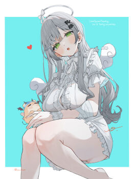 1girl alternate_costume bandaged_arm bandages barefoot blue_background breasts button_gap center_frills commentary_request dan&#039;in-san_(shirogane_noel) dress frilled_dress frills gloves green_eyes grey_hair halo highres hololive knees_together_feet_apart large_breasts long_hair looking_at_viewer mini_wings open_mouth panties panty_peek shirogane_noel short_dress short_sleeves simple_background sitting solo teeth underwear uo_illust upper_teeth_only white_dress white_gloves white_panties wings wrist_cuffs