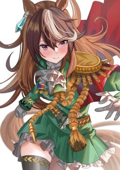 1girl absurdres ame_sagari animal_ears ascot black_hair black_thighhighs blush brown_hair cape commentary_request ear_ornament earrings epaulettes frilled_skirt frills gloves green_jacket green_skirt hair_between_eyes hair_intakes highres horse_ears horse_girl horse_tail jacket jewelry long_hair long_sleeves multicolored_hair open_mouth red_cape side_cape simple_background single_earring single_epaulette skirt smile solo streaked_hair symboli_rudolf_(emperor's_path)_(umamusume) symboli_rudolf_(umamusume) tail thighhighs thighs umamusume white_ascot white_background white_gloves white_hair white_streaks