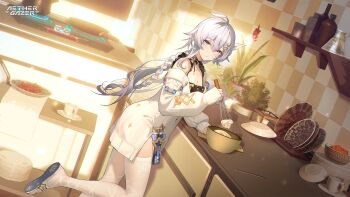 1girl aether_gazer ahoge bow breasts character_request checkered_wall cleavage closed_mouth copyright_name copyright_request cup food grey_eyes grey_hair hair_ornament heterochromia highres holding holding_whisk kitchen long_braid long_hair mixing_bowl official_art plant plate potted_plant purple_eyes second-party_source sleeves_past_wrists solo star_(symbol) stove thighhighs tile_wall tiles whisk white_thighhighs yellow_bow