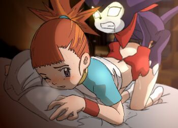 1girl artist_request blush digimon digimon_tamers doggystyle imp impmon loli makino_ruki no_shoes one_eye_closed orange_hair purple_eyes sex sex_from_behind short_hair