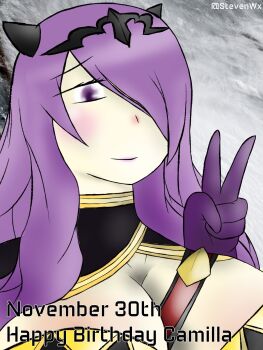 Rule 34 | 1girl, armor, black armor, blush, breast strap, breasts, camilla (fire emblem), capelet, cleavage, crown, fire emblem, frills, hair over one eye, highres, horns, large breasts, long hair, nintendo, purple eyes, purple hair, purple lips, self-upload, stevenwx yt, tiara, v, very long hair, wavy hair