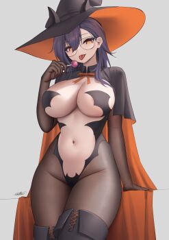 1girl absurdres black_leotard black_pantyhose boots breasts candy cape cleavage elbow_gloves food glasses gloves halloween hat highres large_breasts leotard lollipop long_hair mole mole_on_breast navel original pantyhose revealing_clothes saliva saliva_trail stomach thigh_boots tongue tongue_out two-tone_cape whitter witch witch_hat